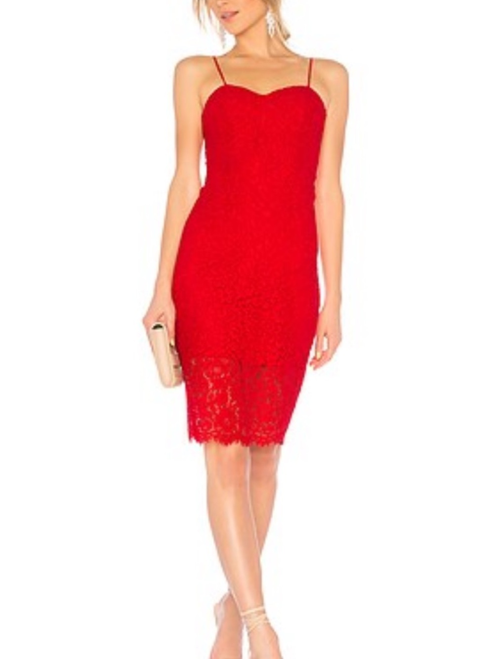 BARDOT Revolve Pierre Spaghetti Strap Lace Sheath Midi Dress in Lava Red 10
